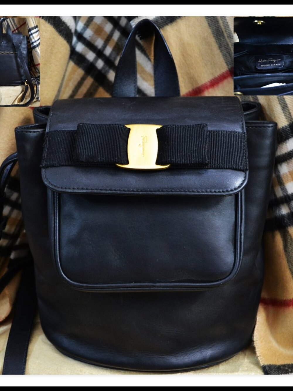Salvatore Ferragamo Black Nubeck Calf Leather Backpack Gold Hardware Signed Bow